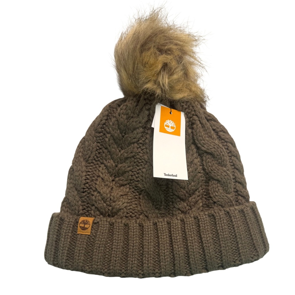 Timberland Brown Cable Knit Beanie Faux Fur Pom Fleece Lined Winter Hat OS NWT
